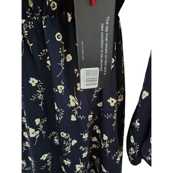 Floral Print Dress Lace Trim V-Neck Long Sleeve Navy & White fairycore flowers - Picture 4 of 8